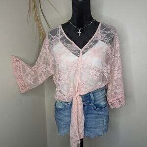 Pink lace cardigan top size medium